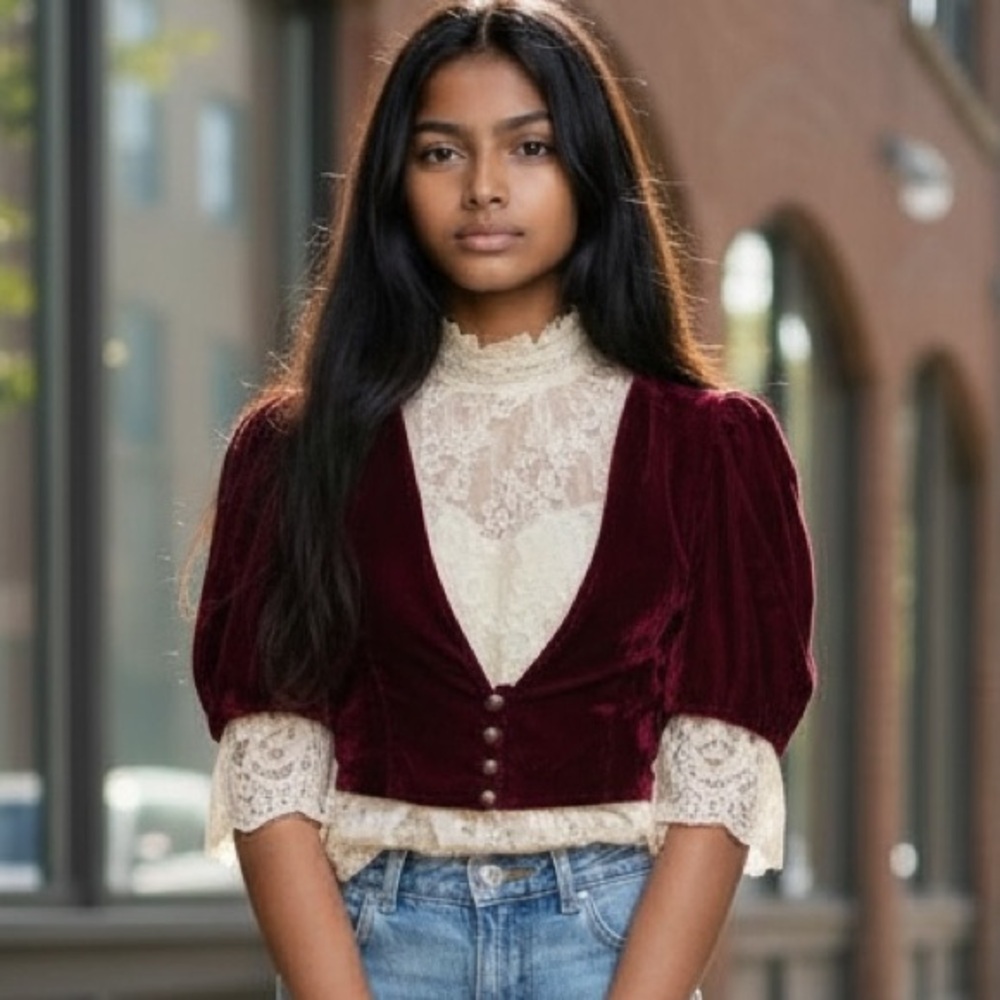 Lanz Vintage 1980’s Velvet Puff Sleeve Top